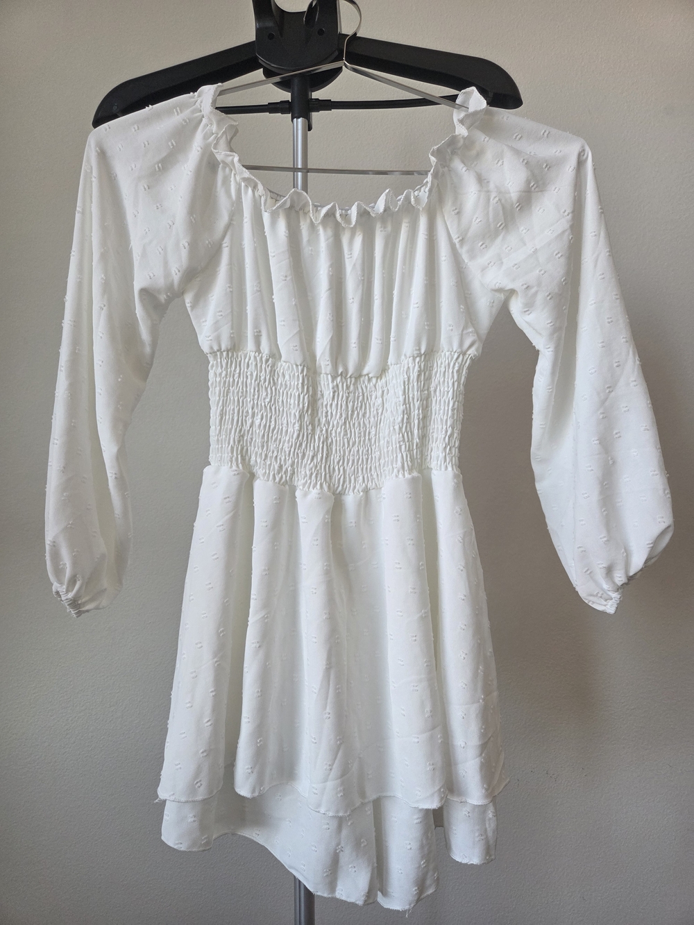 White Off-The-Shoulder Swiss Dot Ruffle Coquette Romper Vacation Dress Size M